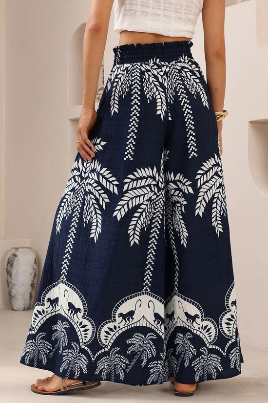 Tropical Print Wide-Leg Casual Pants