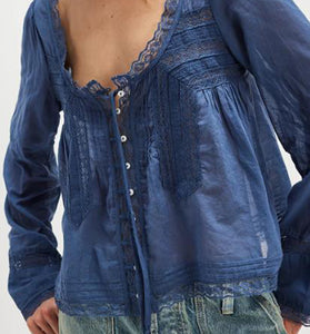 Flowy Lace Trimmed Long Sleeve Blouse