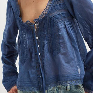 Flowy Lace Trimmed Long Sleeve Blouse