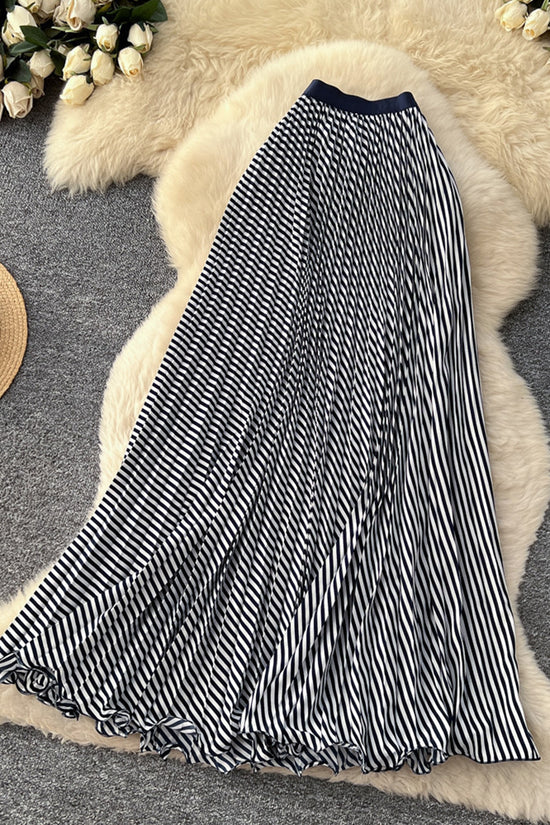 Striped Pleated Midi Skirt