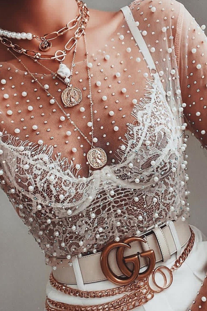 Sheer Beaded Long Sleeve T-Shirt