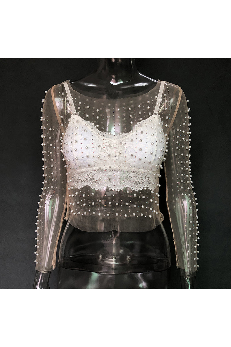Sheer Beaded Long Sleeve T-Shirt