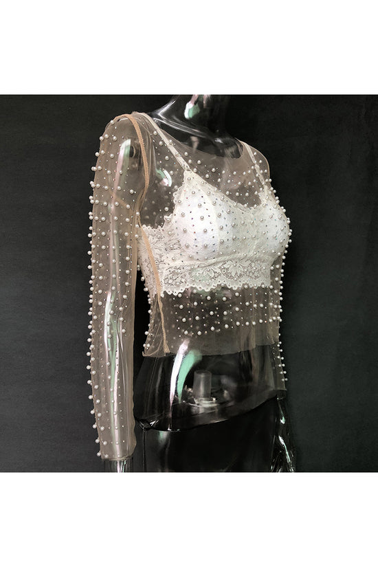 Sheer Beaded Long Sleeve T-Shirt