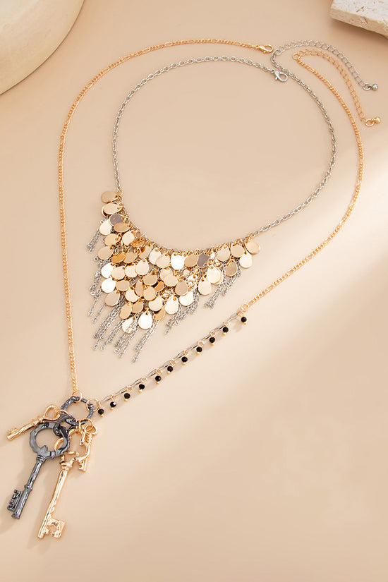 Layered Key Charm Statement Necklace