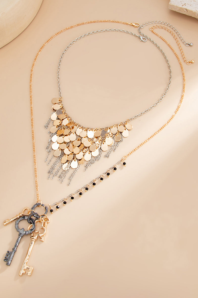 Layered Key Charm Statement Necklace
