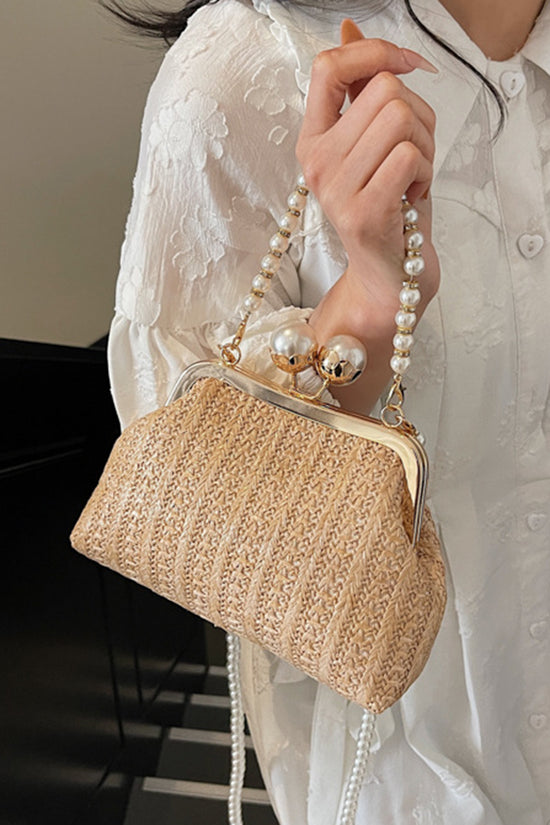 Elegant Pearl Strap Woven Clutch