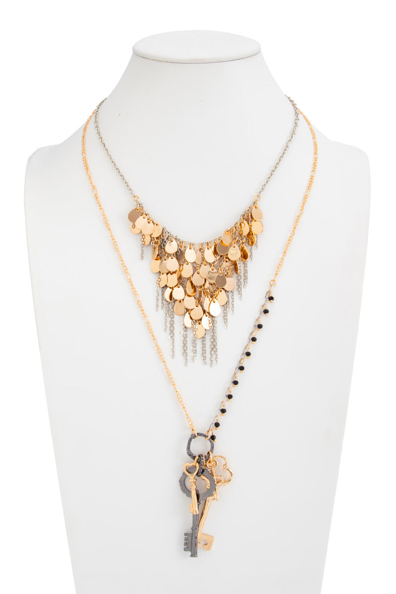Layered Key Charm Statement Necklace