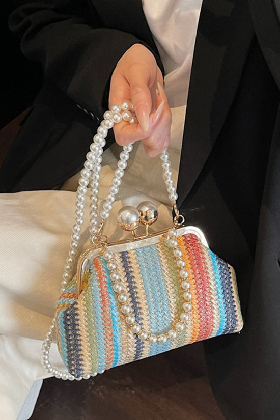 Elegant Pearl Strap Woven Clutch