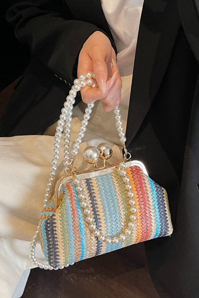 Elegant Pearl Strap Woven Clutch