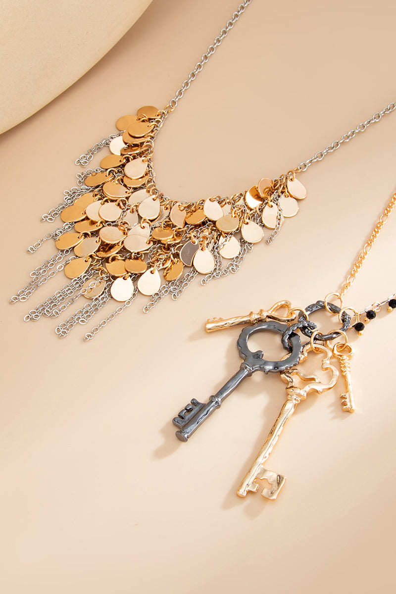 Layered Key Charm Statement Necklace