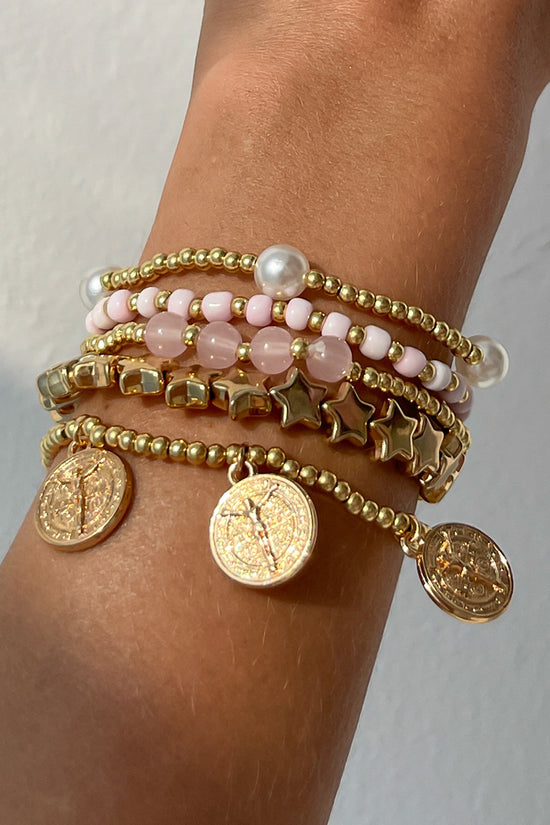 Stacked Bead and Coin Charm Bracelet Set