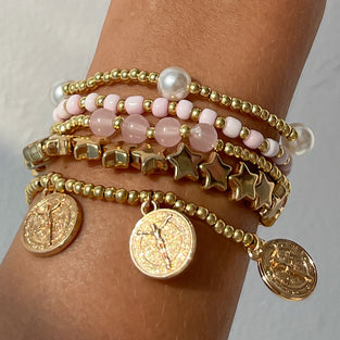 Stacked Bead and Coin Charm Bracelet Set