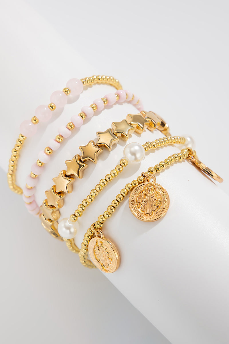 Stacked Bead and Coin Charm Bracelet Set
