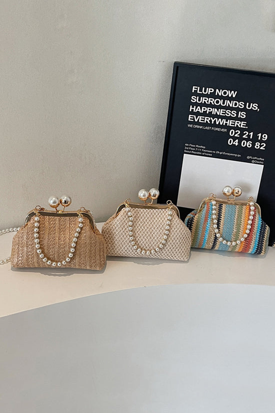 Elegant Pearl Strap Woven Clutch