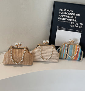 Elegant Pearl Strap Woven Clutch