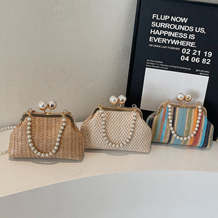 Elegant Pearl Strap Woven Clutch