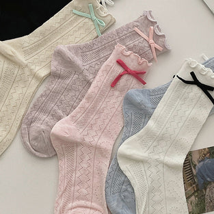 Bow Accent Ruffled Knee-High Socks