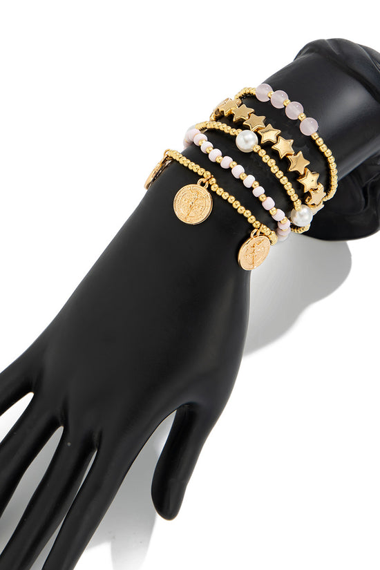 Stacked Bead and Coin Charm Bracelet Set