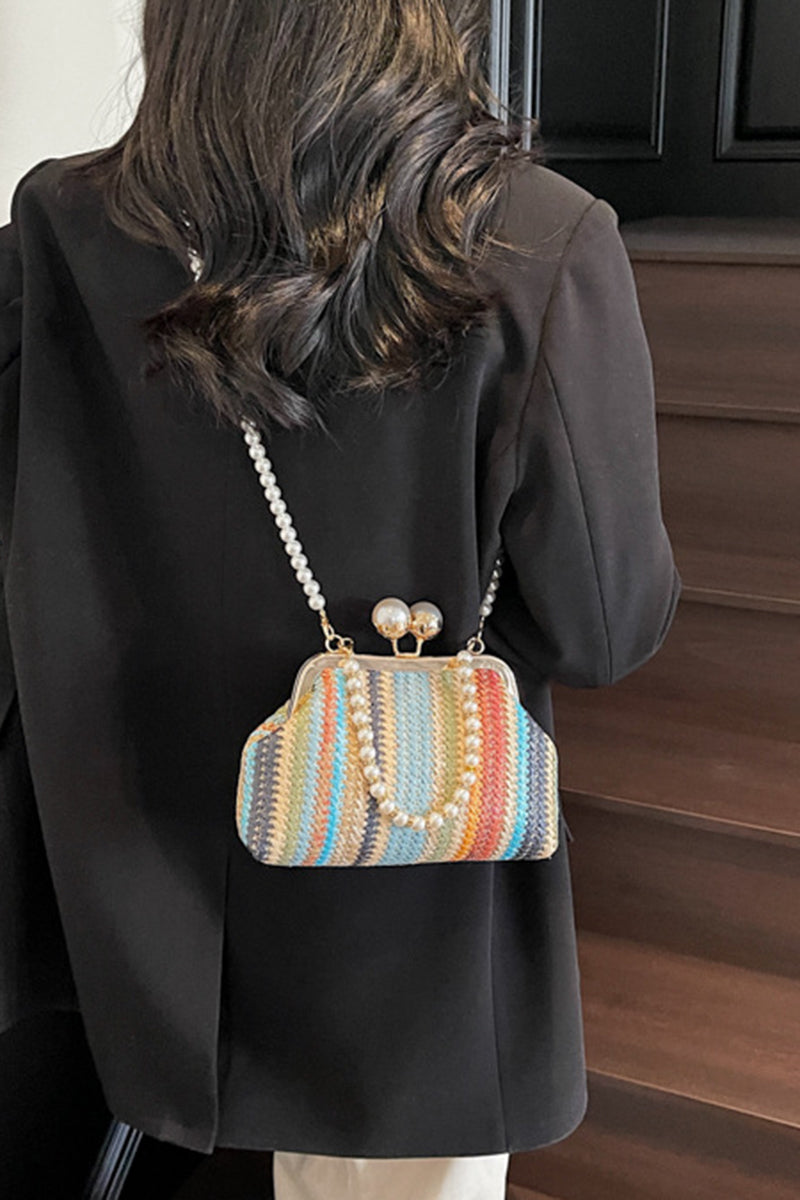 Elegant Pearl Strap Woven Clutch