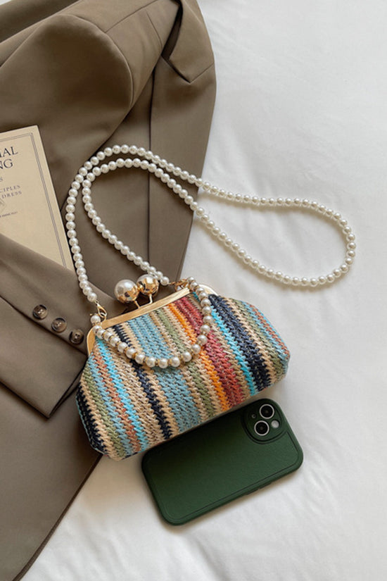 Elegant Pearl Strap Woven Clutch