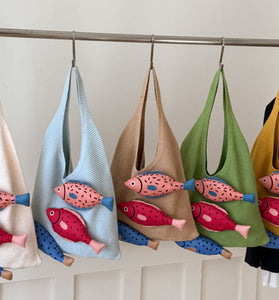 Fish Motif Knit Tote Bag