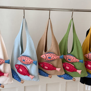 Fish Motif Knit Tote Bag