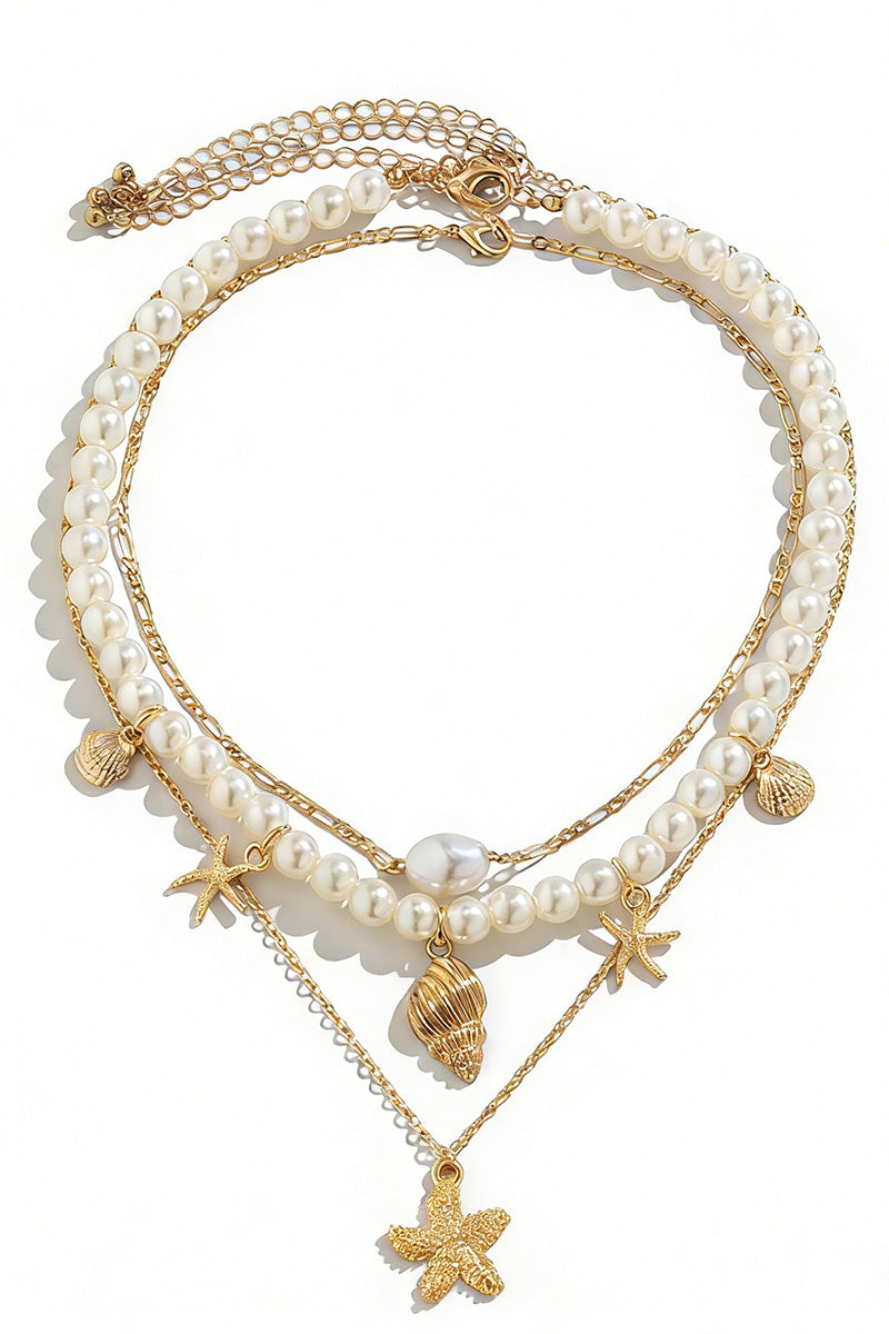 Layered Pearl and Gold Charm Necklace