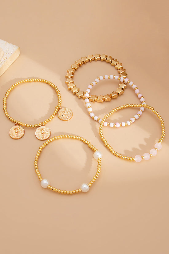 Stacked Bead and Coin Charm Bracelet Set