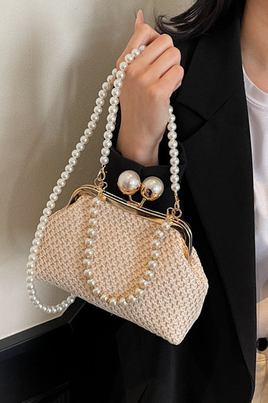 Elegant Pearl Strap Woven Clutch