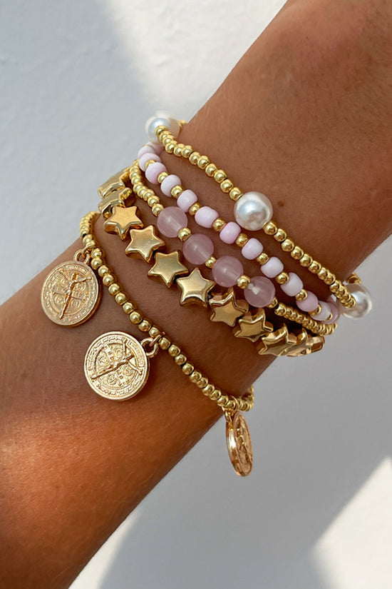 Stacked Bead and Coin Charm Bracelet Set