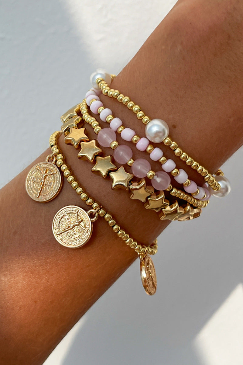 Stacked Bead and Coin Charm Bracelet Set