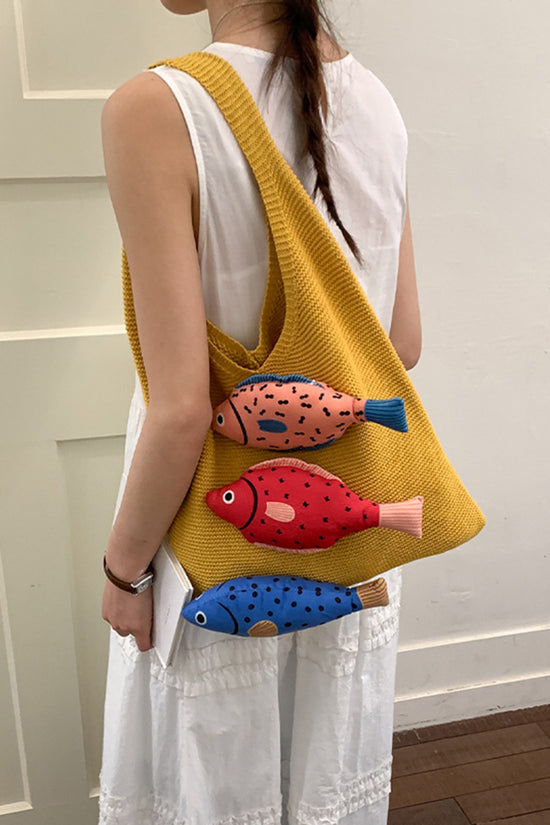 Fish Motif Knit Tote Bag