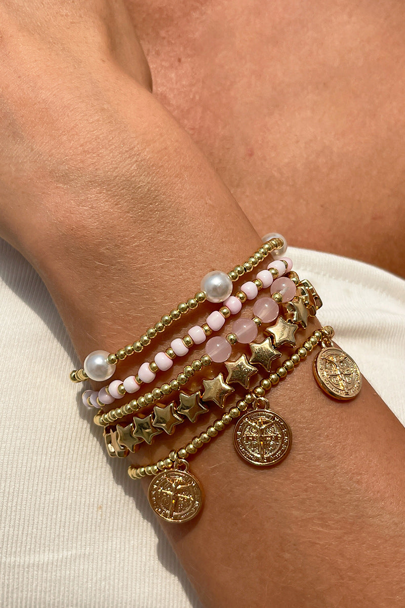 Stacked Bead and Coin Charm Bracelet Set