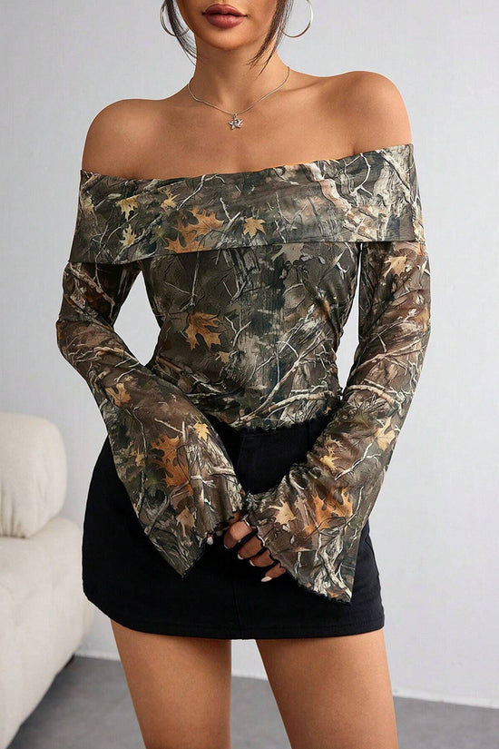 Off-Shoulder Camouflage Long Sleeve Top