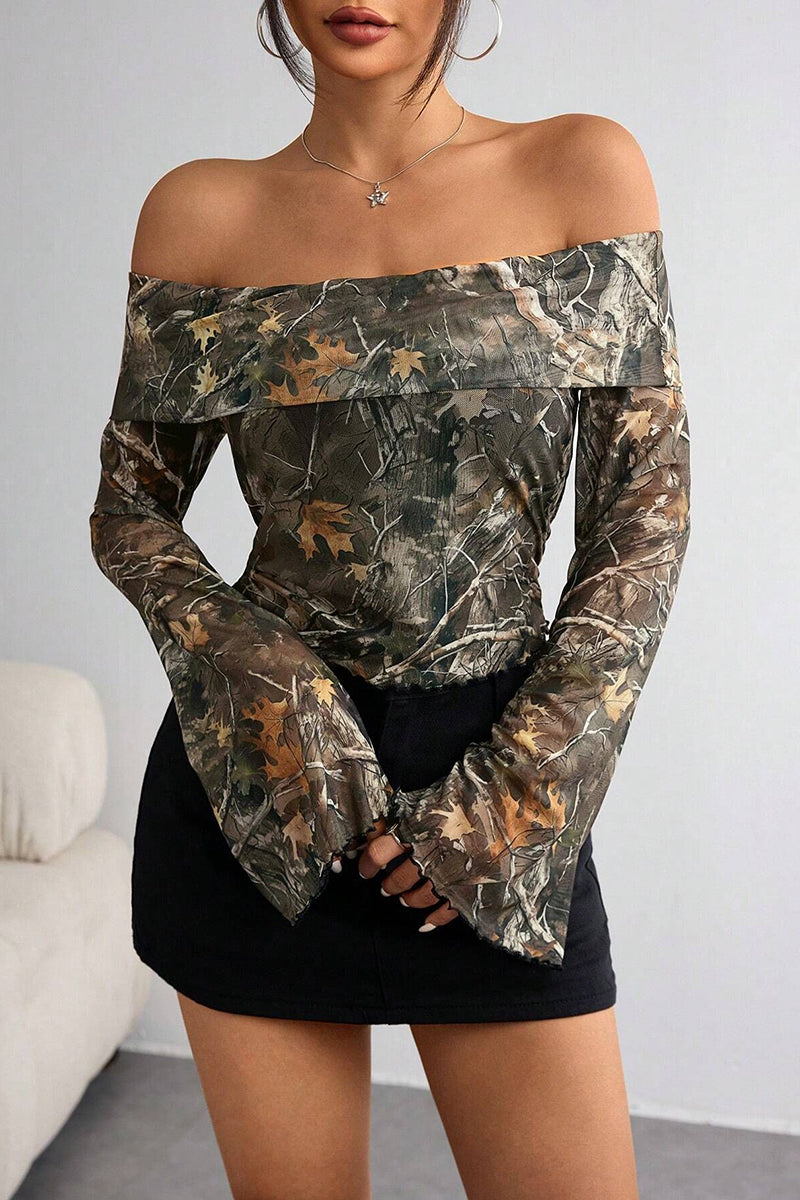 Off-Shoulder Camouflage Long Sleeve Top