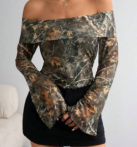 Off-Shoulder Camouflage Long Sleeve Top