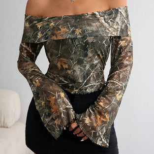 Off-Shoulder Camouflage Long Sleeve Top
