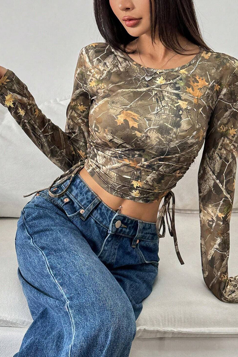 Long Sleeve Ruched Camouflage Crop Top