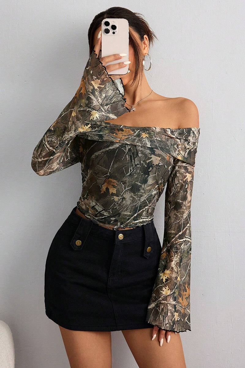 Off-Shoulder Camouflage Long Sleeve Top