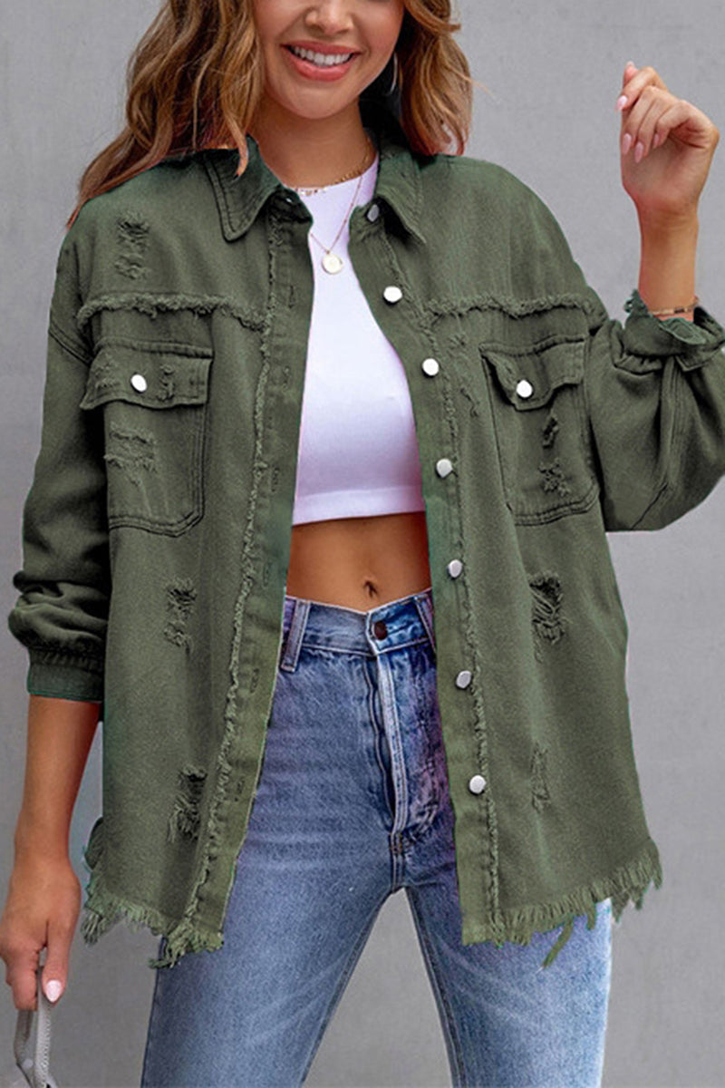 Distressed Denim Jacket with Frayed Hem