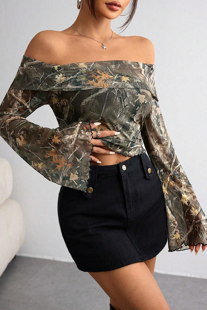 Off-Shoulder Camouflage Long Sleeve Top