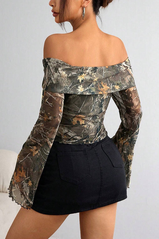 Off-Shoulder Camouflage Long Sleeve Top