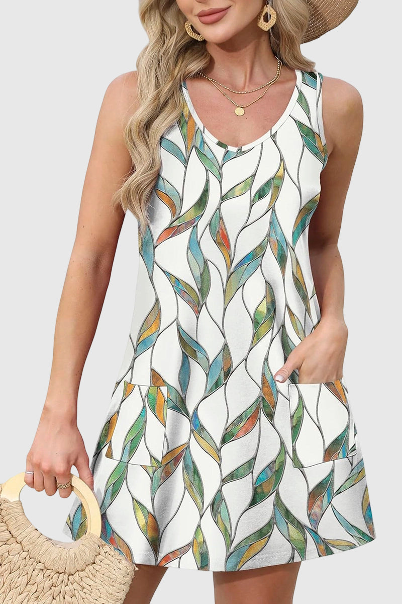 Sleeveless Leaf Print Casual Dress