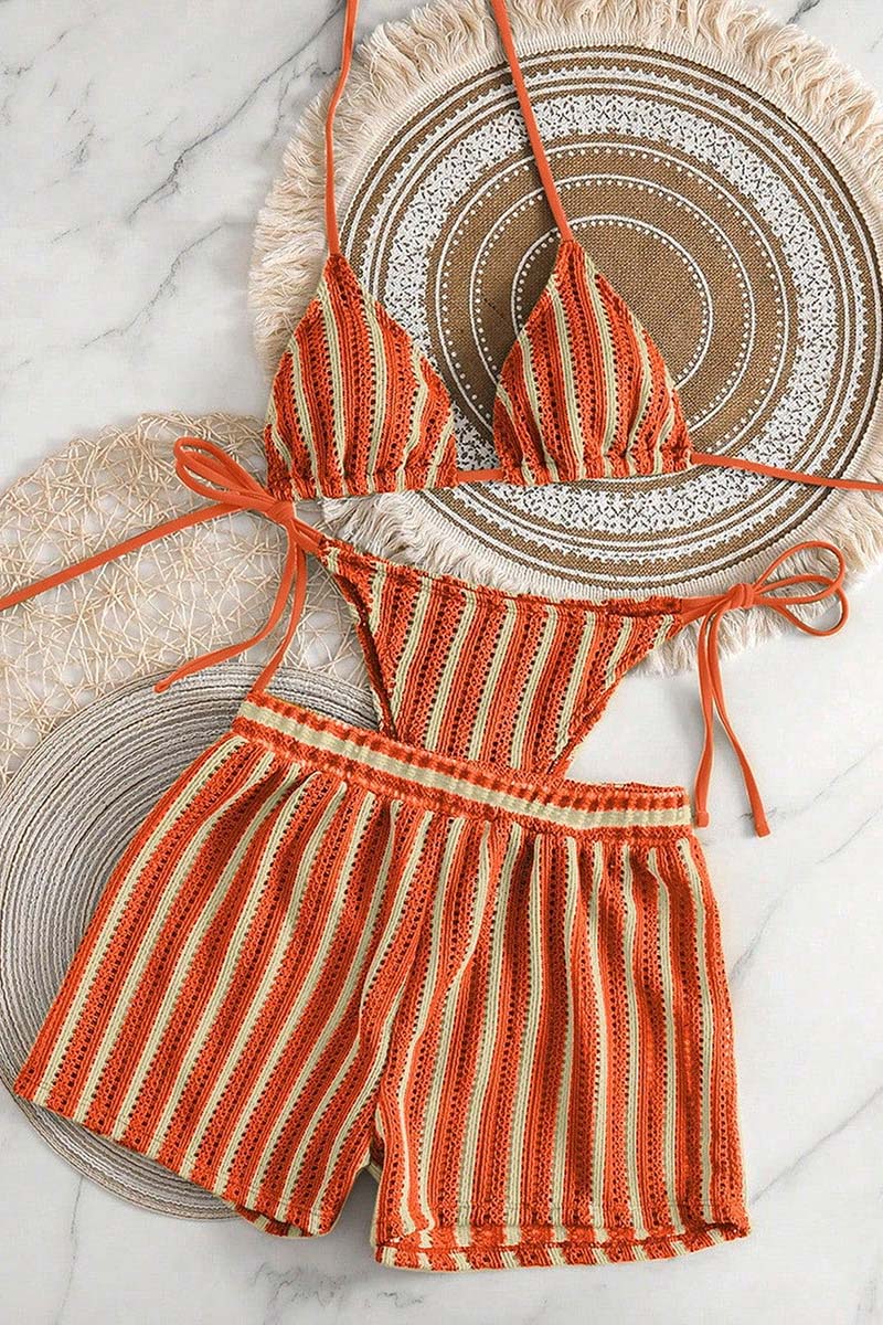 Striped Bikini Set with Stylish Cover-Up