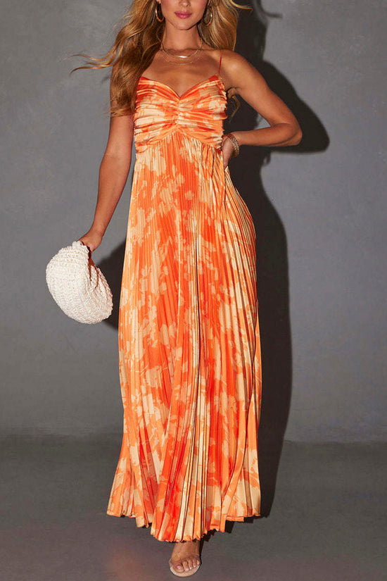 Floral Pleated Spaghetti Strap Maxi Dress
