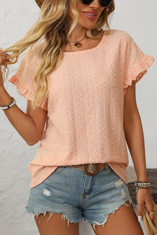 Ruffle Sleeve Eyelet T-Shirt