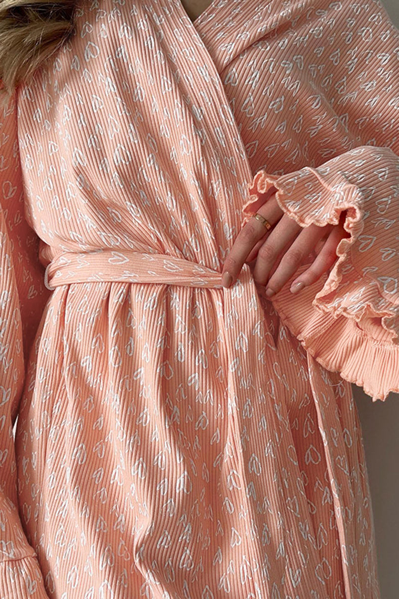 Heart-Patterned Long Sleeve Loungewear Robe