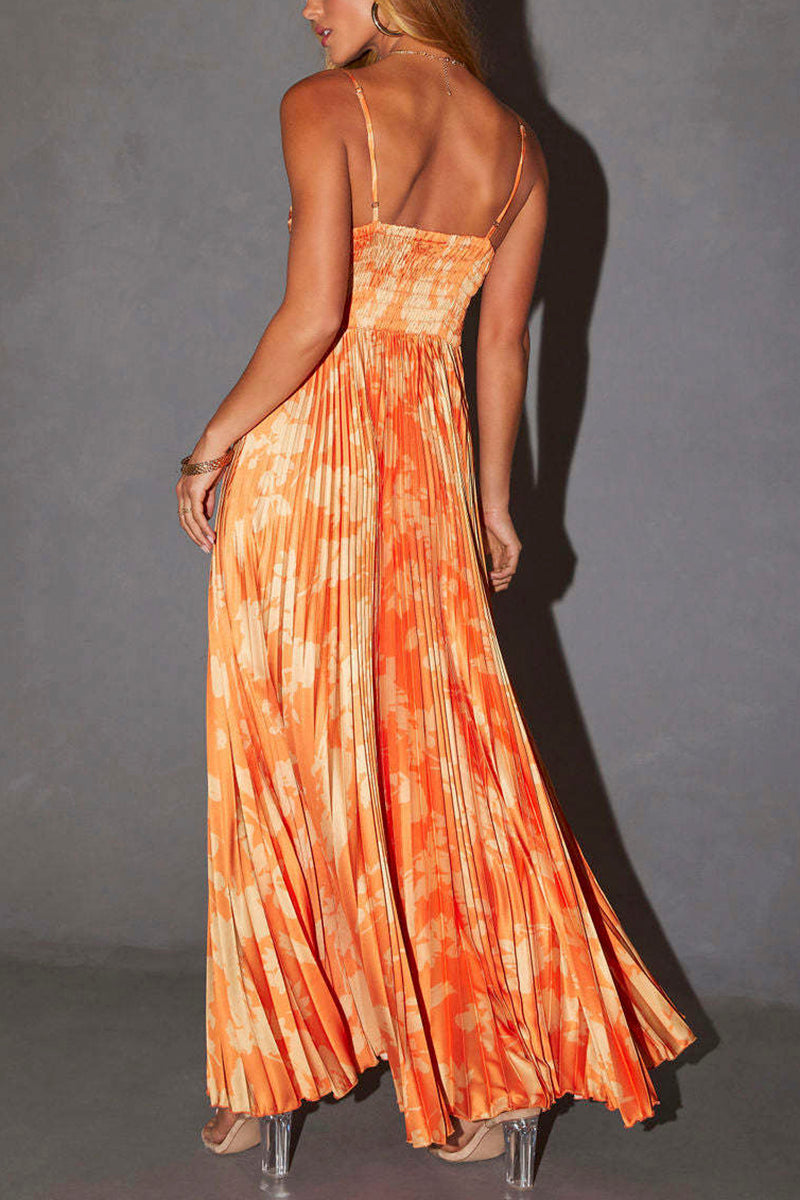 Floral Pleated Spaghetti Strap Maxi Dress
