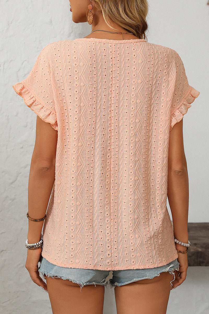 Ruffle Sleeve Eyelet T-Shirt