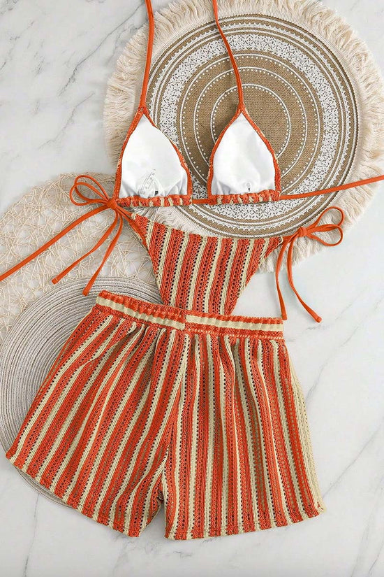 Striped Bikini Set with Stylish Cover-Up